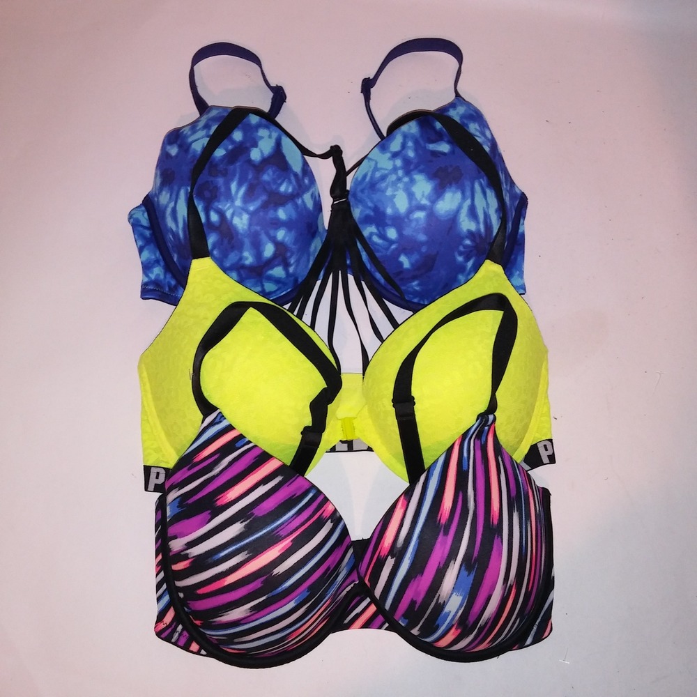 Victoria Secret PINK Bra Set of 3 34DD Colorful Push Up Blue Yellow Underwire
